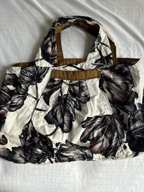 Handmade Black and White Leaf Print Duffel Bag with Tan Accents and Interior